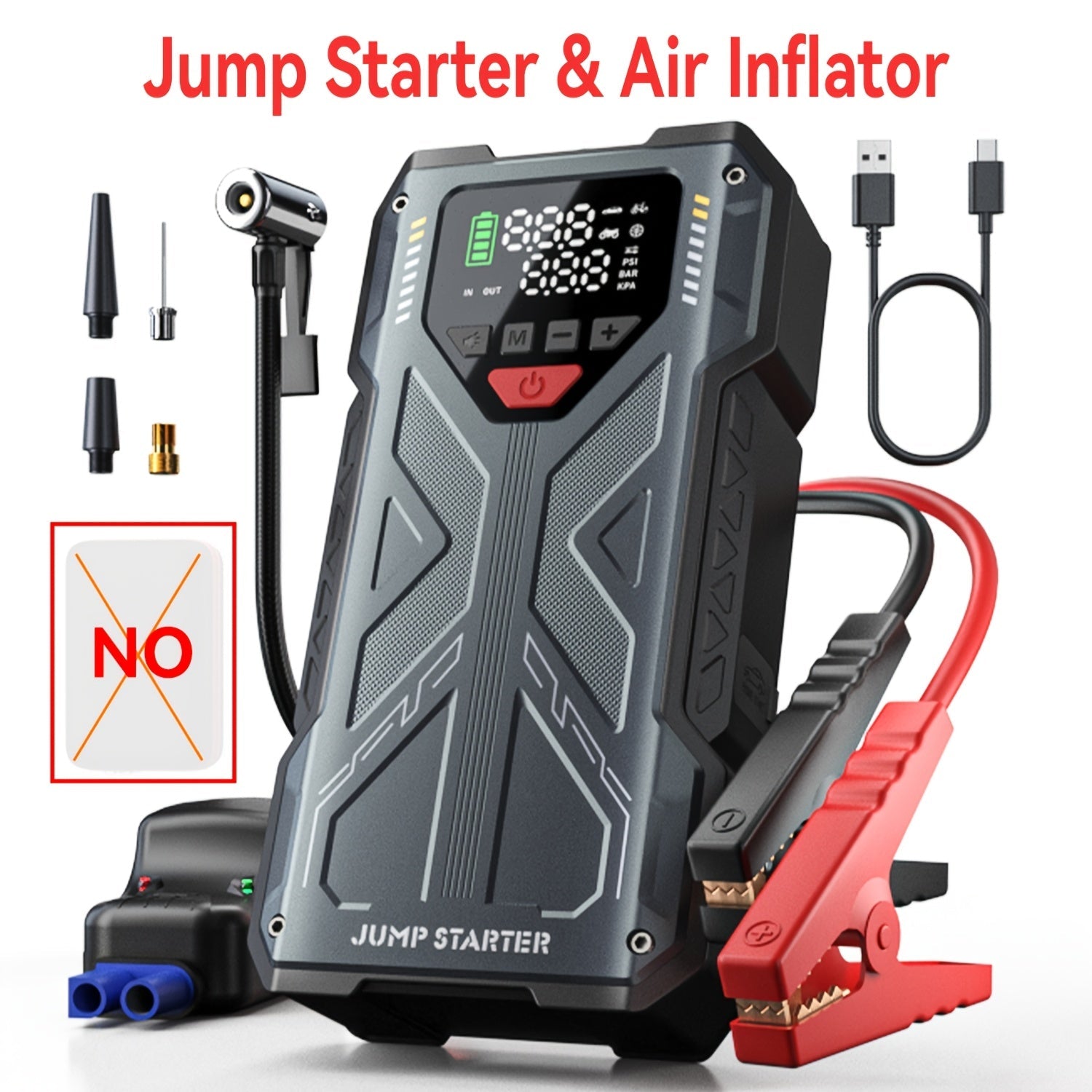 Jump starter and air inflator with digital display on a white background