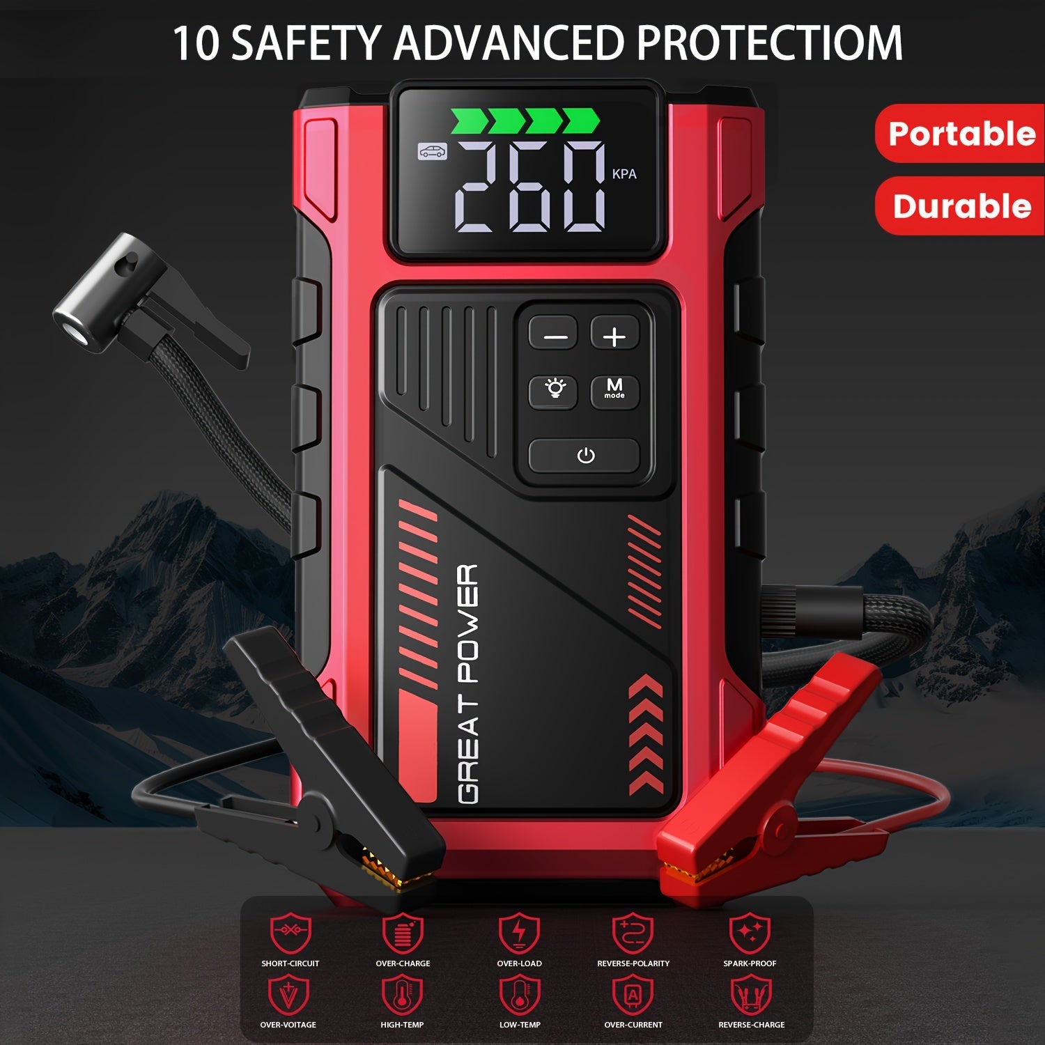 Red and black jump starter with digital display and clamps on a dark background