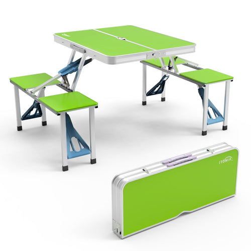 Foldable picnic table with green top and benches on a white background