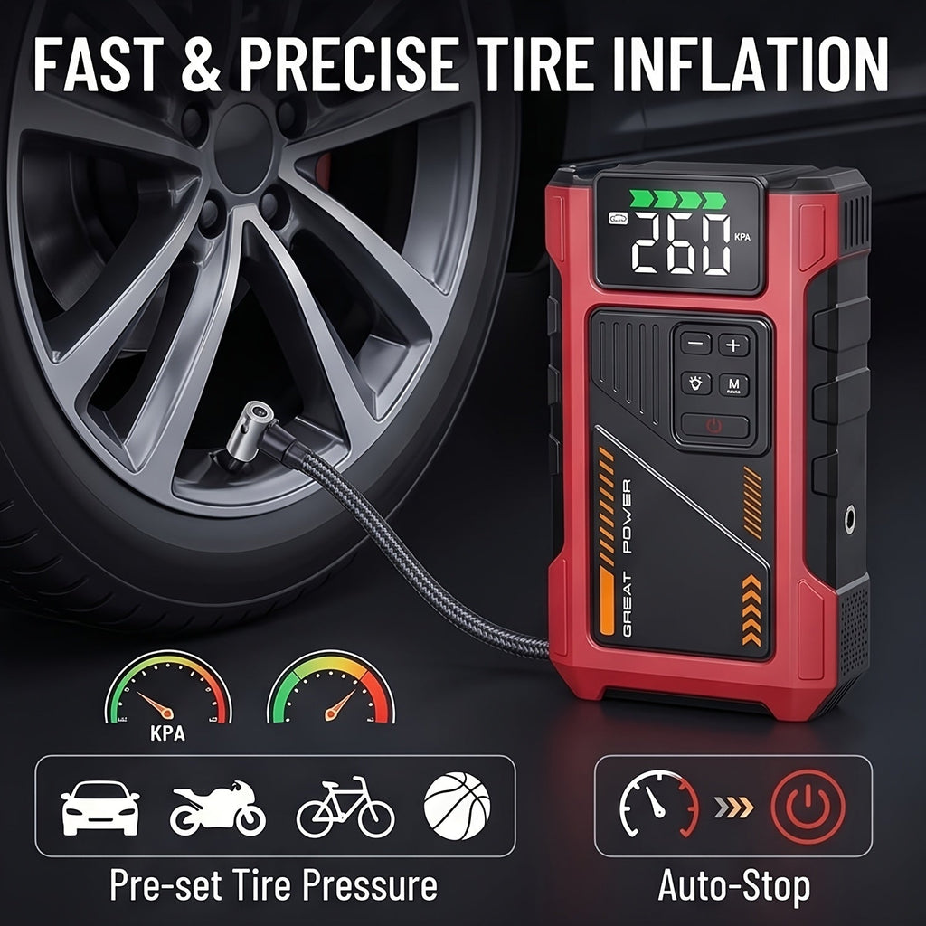 Portable tire inflator with digital display next to a car tire, emphasizing fast and precise tire inflation.