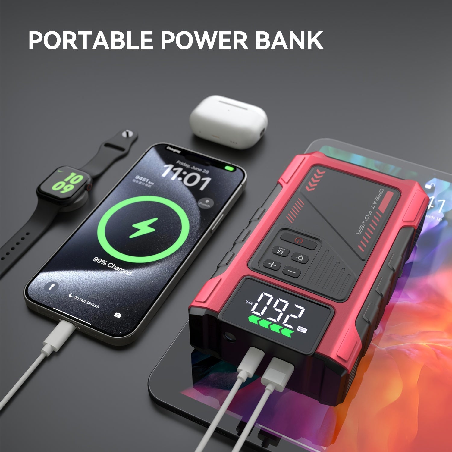 Portable power bank with smartphone, smartwatch, and wireless earbuds on a dark background