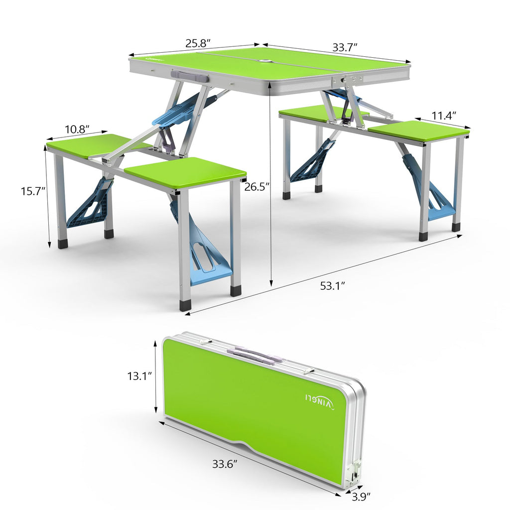 Green and blue folding picnic table with dimensions on a white background