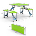 Green and blue folding picnic table with dimensions on a white background