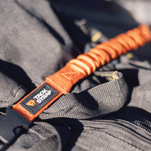 Close-up of a power Strap leather strap on a gray bag