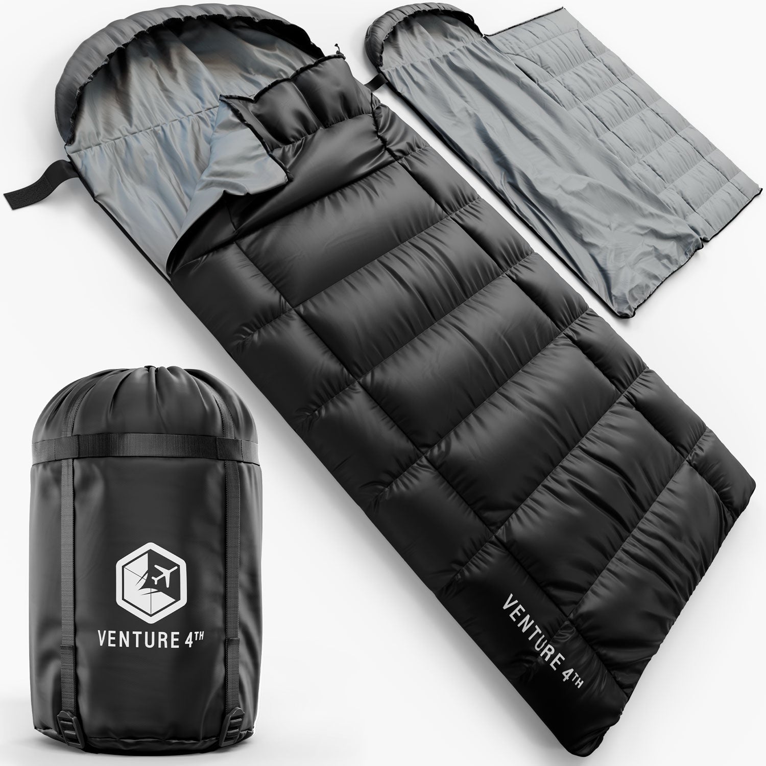 Black and gray sleeping bag with Venture 4th logo on a white background