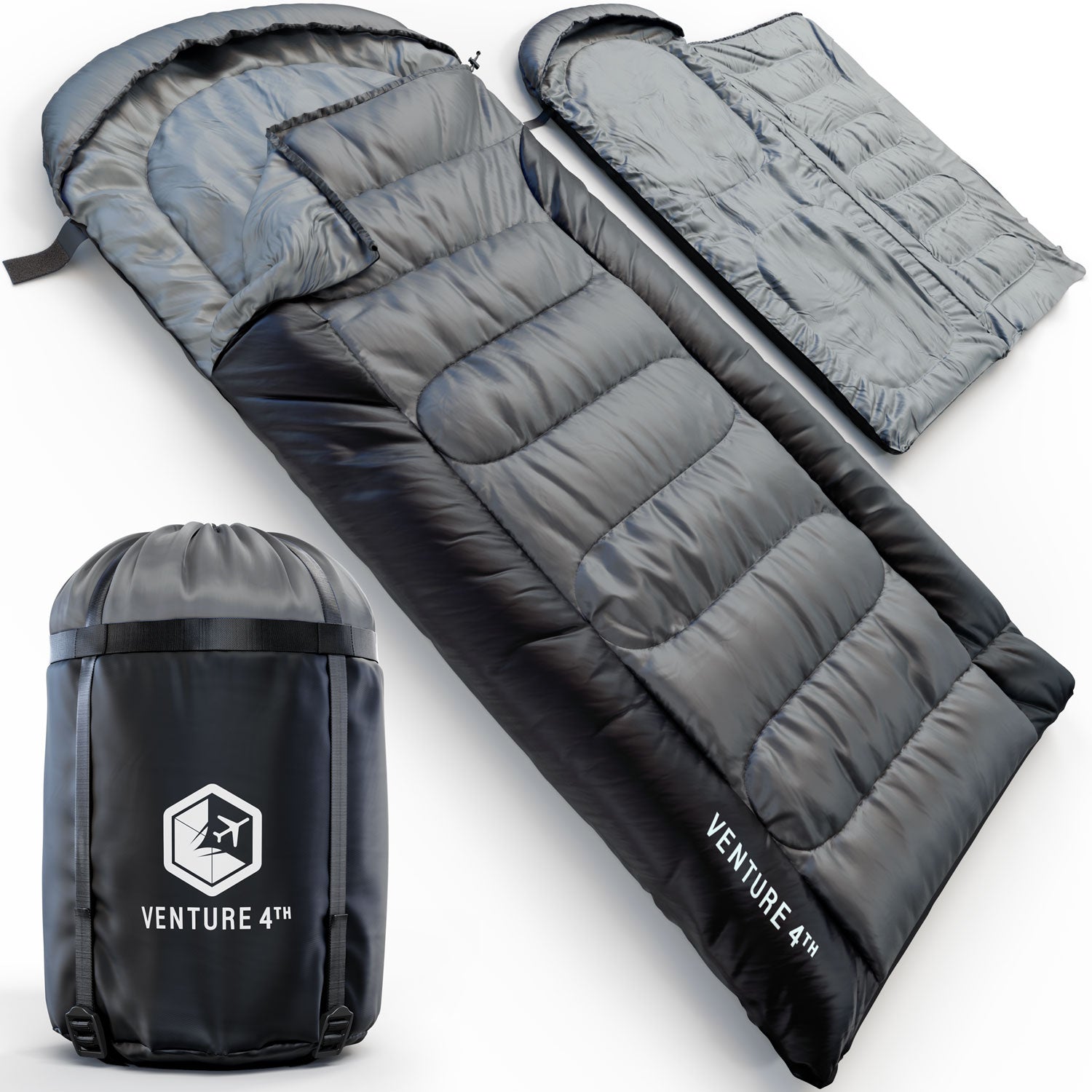 Grey and black sleeping bag with Venture 4th logo on a white background