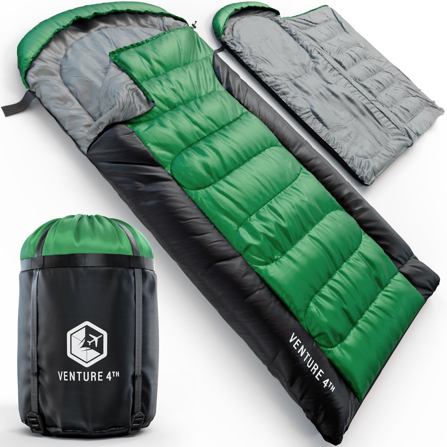 Green and black mummy-style sleeping bag shown open, with a folded gray version and a black drawstring bag labeled VENTURE 4" displayed on a light gray background.