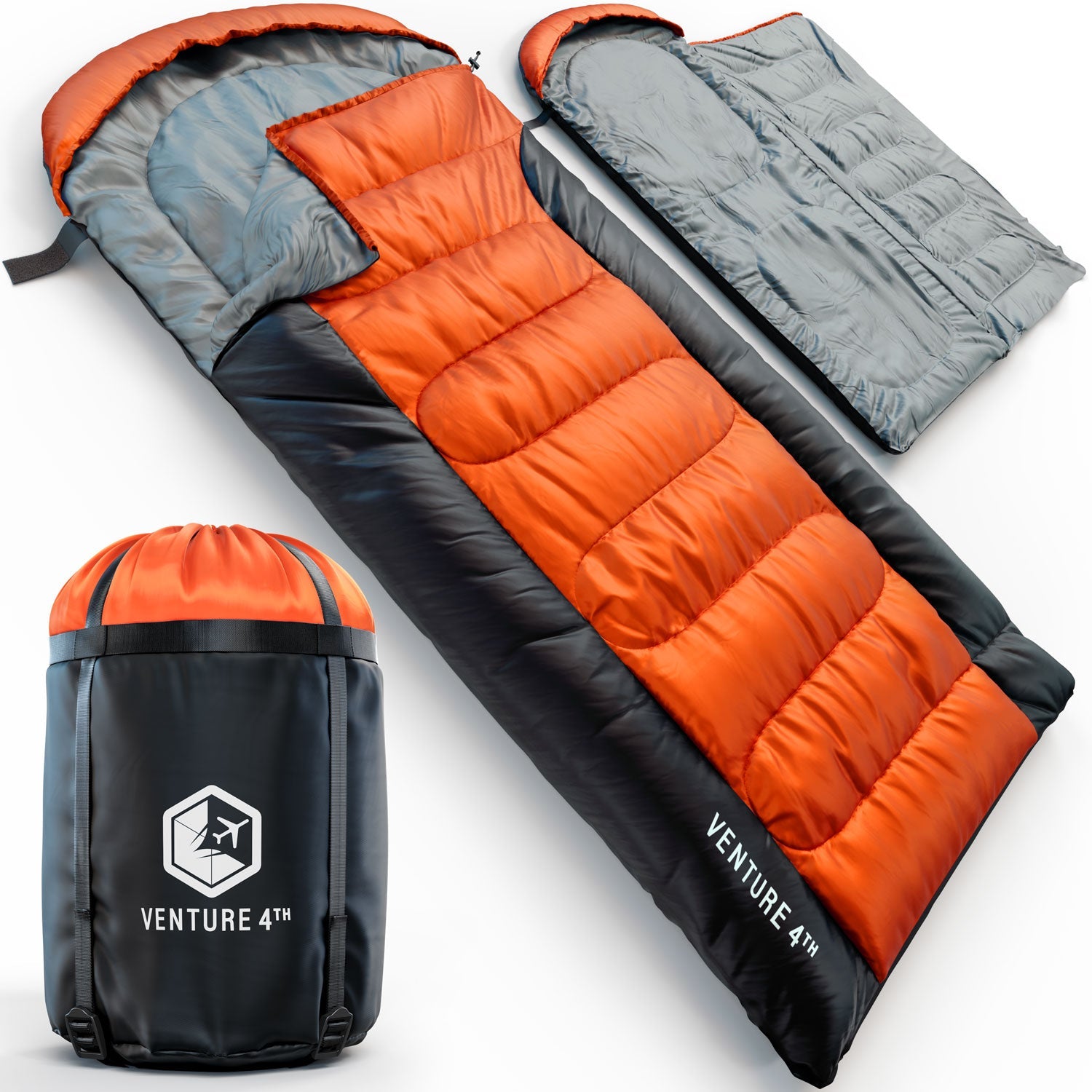 Orange and gray sleeping bag with black compression sack on a white background