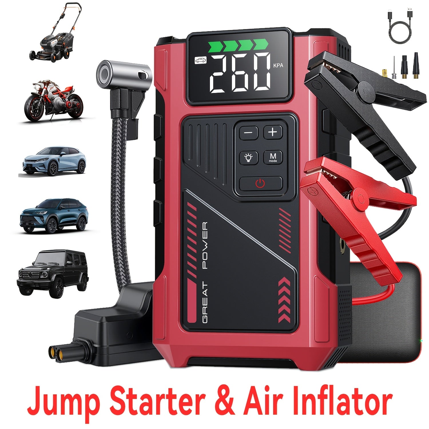 Red and black portable jump starter and air inflator combo with a digital battery display, clamps, hose, and accessories, shown on a white background with small vehicle and motorcycle inset images and the text 'Jump Starter & Air Inflator'.