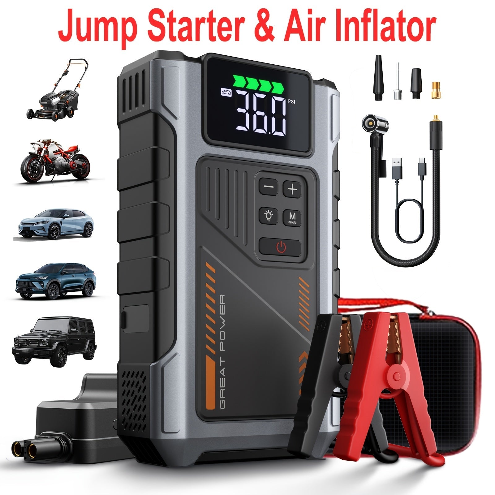Jump starter and air inflator with digital display and clamps on a white background