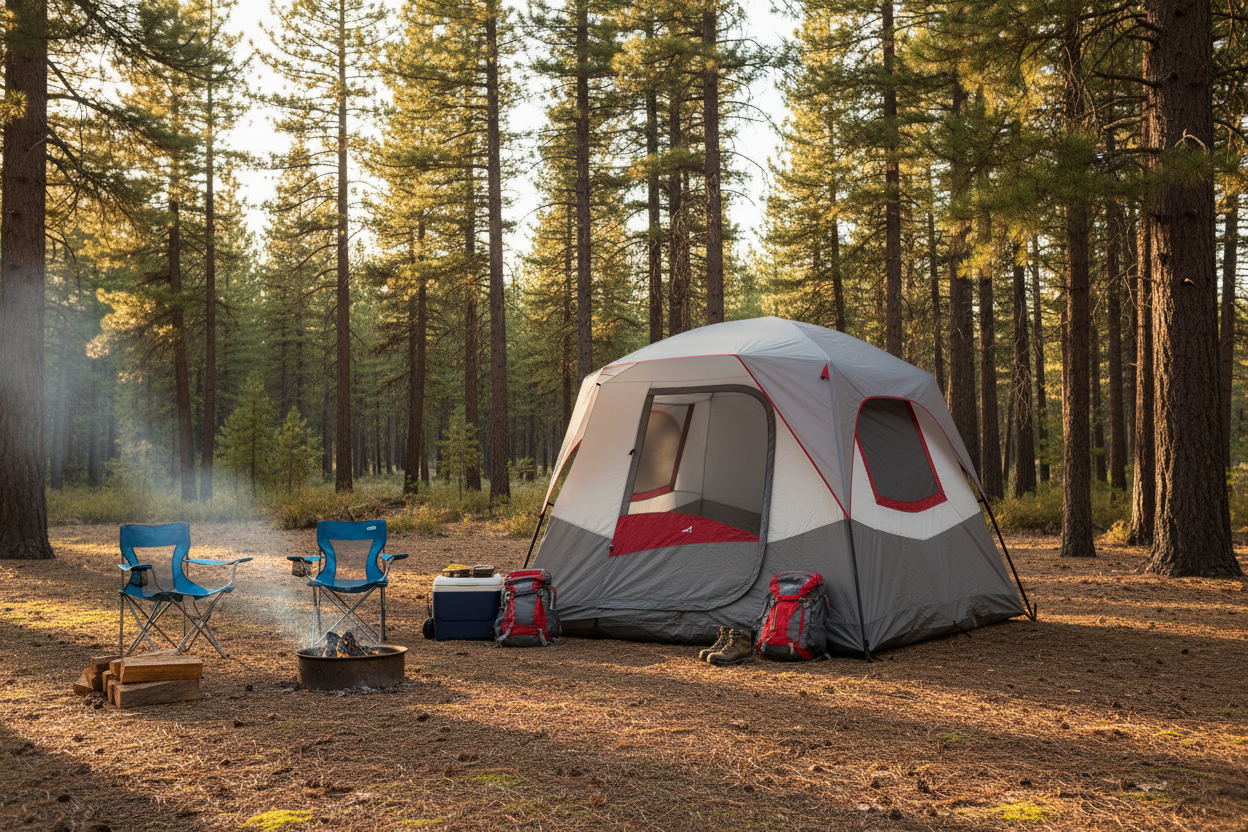 Alps Mountaineering Camp Creek 6-person tent pitched at a campsite next to 2 folding chairs around a fire pit with pine trees in background
