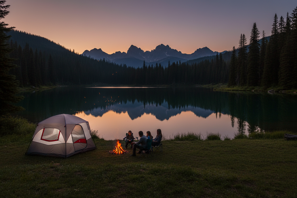 A family camping scene at dusk by a mountain lake, with a gray tent pitched on the grass, a small campfire burning, and three people sitting near the fire. Tall pine trees and jagged mountains reflect in the calm water under a pink and purple twilight sky.