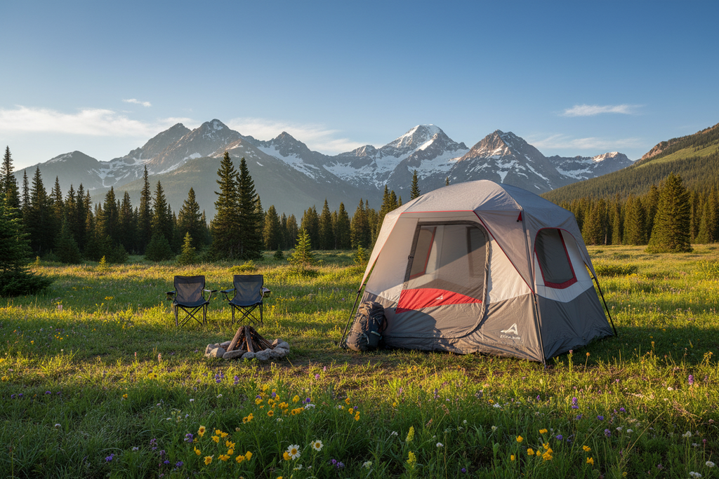A gray and white camping tent with red accents is pitched in a grassy mountain meadow with two folding chairs and a small campfire, set against a backdrop of pine trees and snow-capped peaks under a clear blue sky.