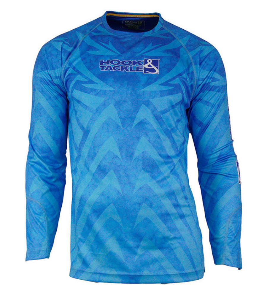 Blue long-sleeve shirt with a pattern and 'Hook & Tackle' logo on a white background