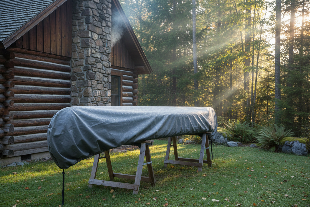 A dark gray outdoor table cover draped over a rectangular table on wooden sawhorses, set in a grassy yard next to a rustic log cabin with a stone chimney and a sunlit forest background.