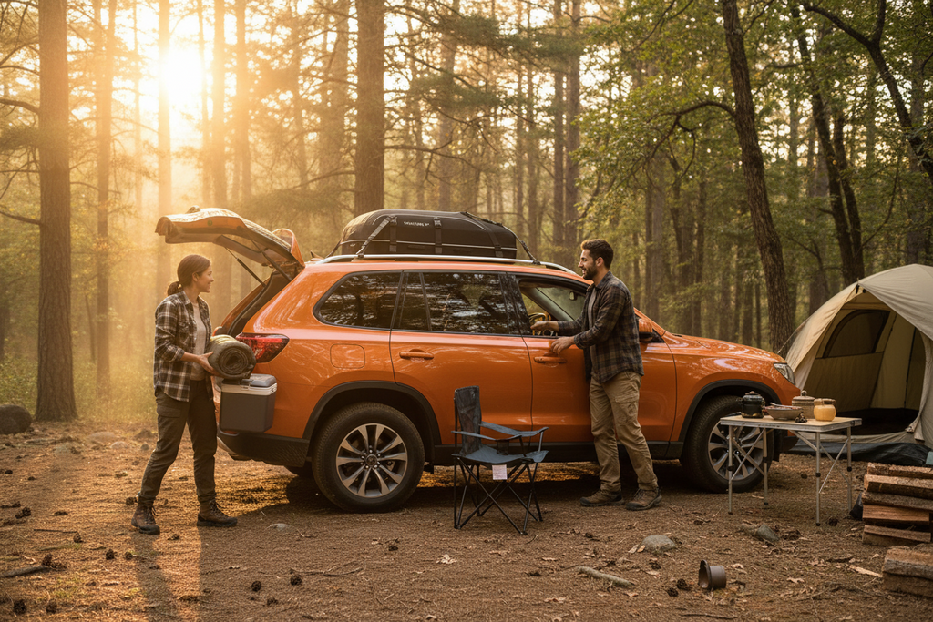 An orange SUV parked in a sunlit forest clearing with two people around it, a tent, folding chairs, and a small table nearby. The vehicle has a roof bag and appears to be the main product in a lifestyle camping scene.