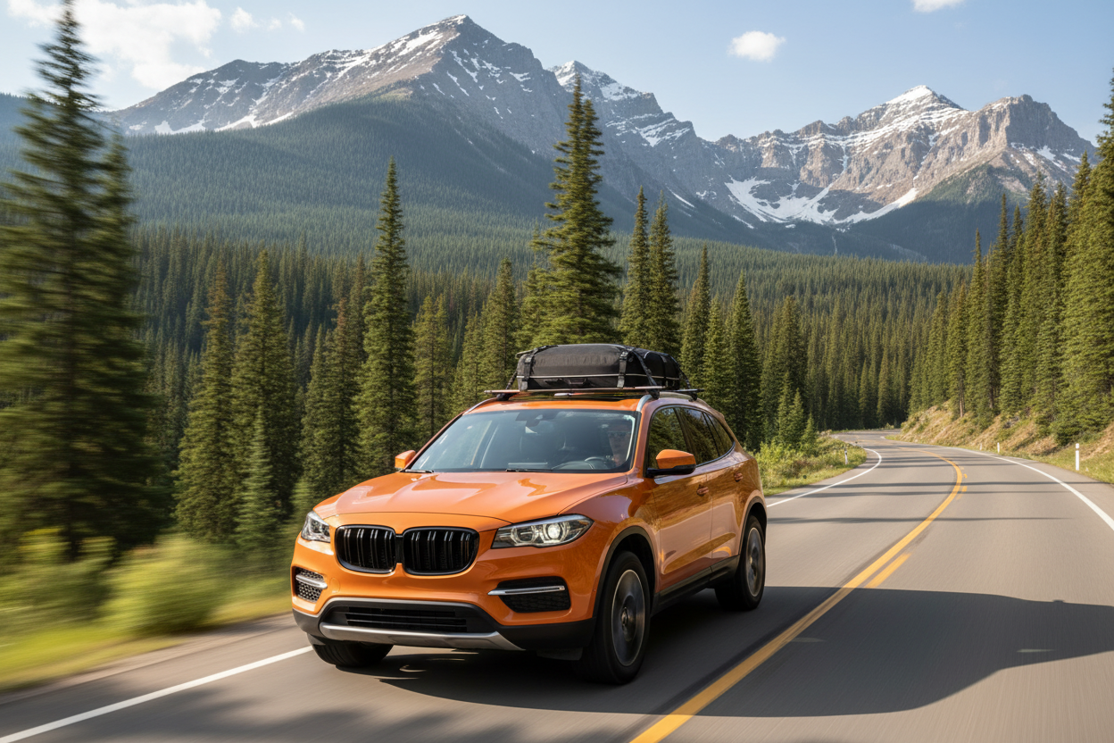 An orange BMW SUV with a roof box drives along a winding mountain road surrounded by pine trees and snow-capped peaks.