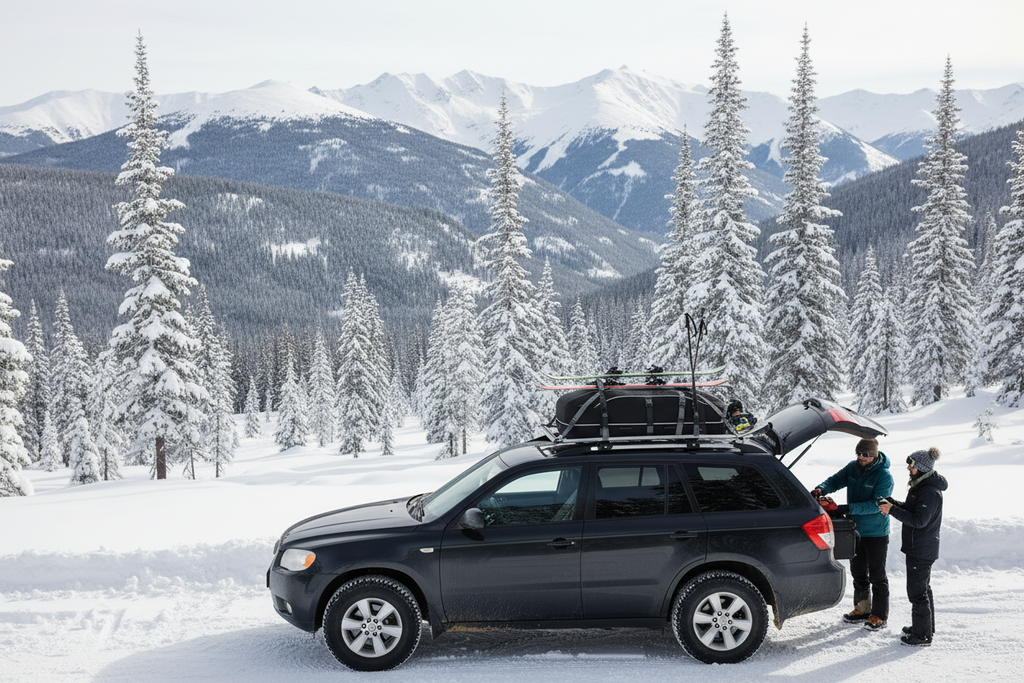 A dark gray SUV parked in a snowy mountain landscape with snow-covered pine trees and distant peaks. Two people are standing by the open rear hatch, loading or securing gear on top of the vehicle.