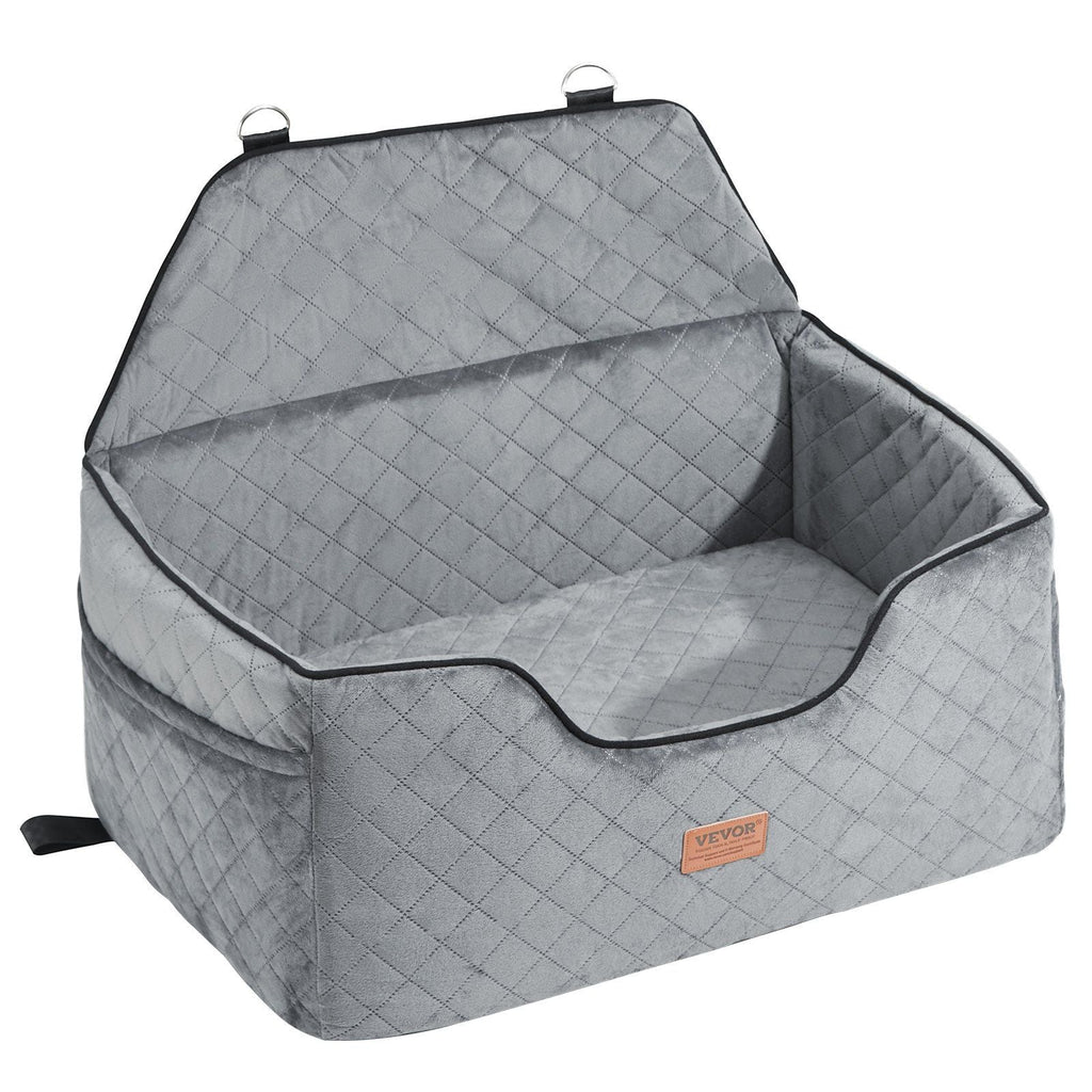 Gray quilted pet carrier with a visible brand logo on a white background