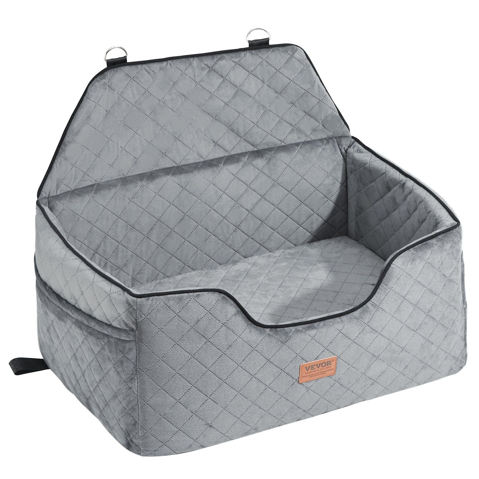 Gray quilted pet carrier with a visible brand logo on a white background