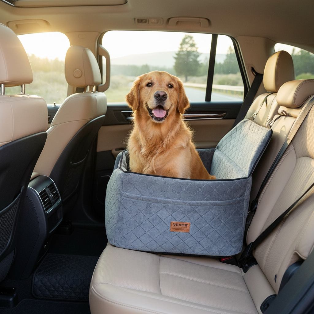 A golden retriever dog sits inside a gray quilted pet car seat installed on a beige car rear seat, with the vehicle interior and a road scene visible through the windows.