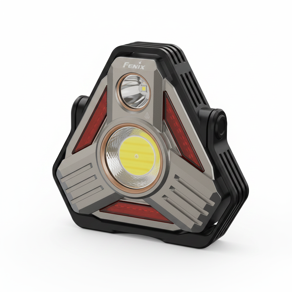 A Fenix tri-angular LED headlight with a black and gray metallic body, featuring a large central yellow LED light, a smaller amber light, and red side reflectors, shown on a plain white background.