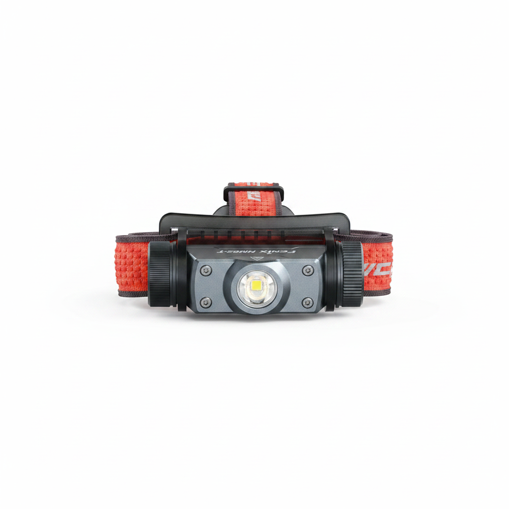 A black and red bicycle headlamp with a central LED light, shown from the front on a clean white background.