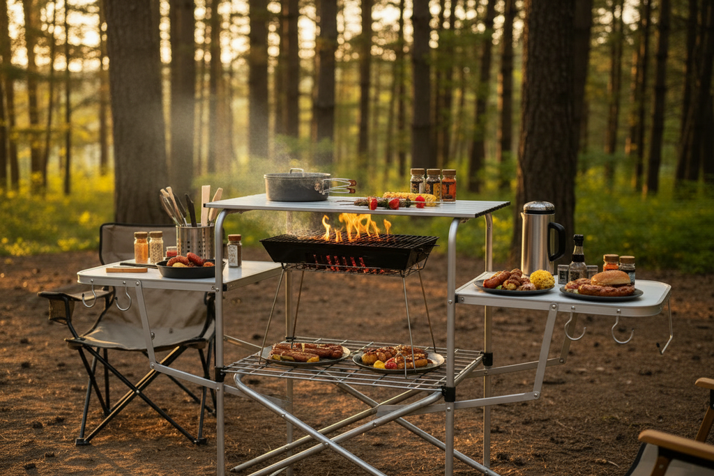 A white folding camp table set up in a forest campsite with a small built-in grill, cooking pots, plates of food, and camping chairs. The background shows tall trees illuminated by warm golden sunlight.
