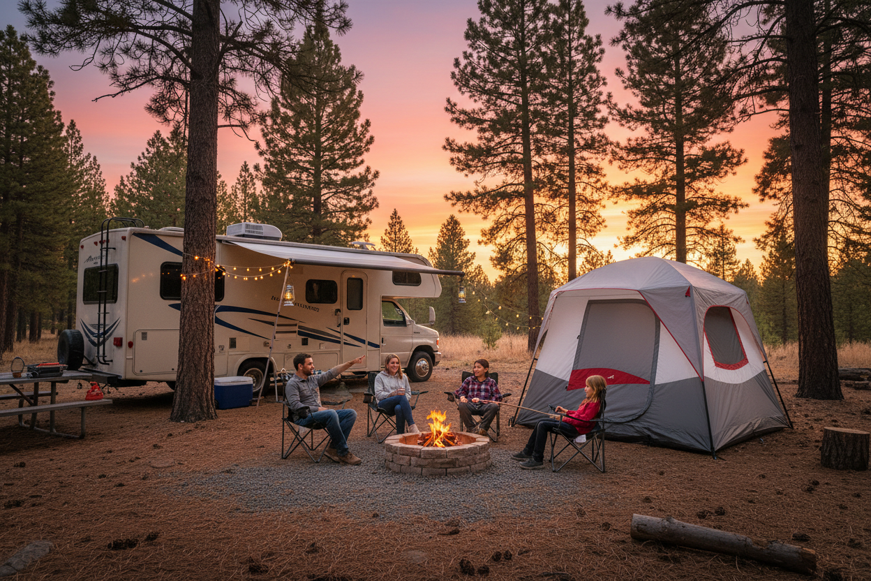 Alps Mountaineering Camp Creek 6-person tent pitched at a campsite next to an RV with family around a fire pit