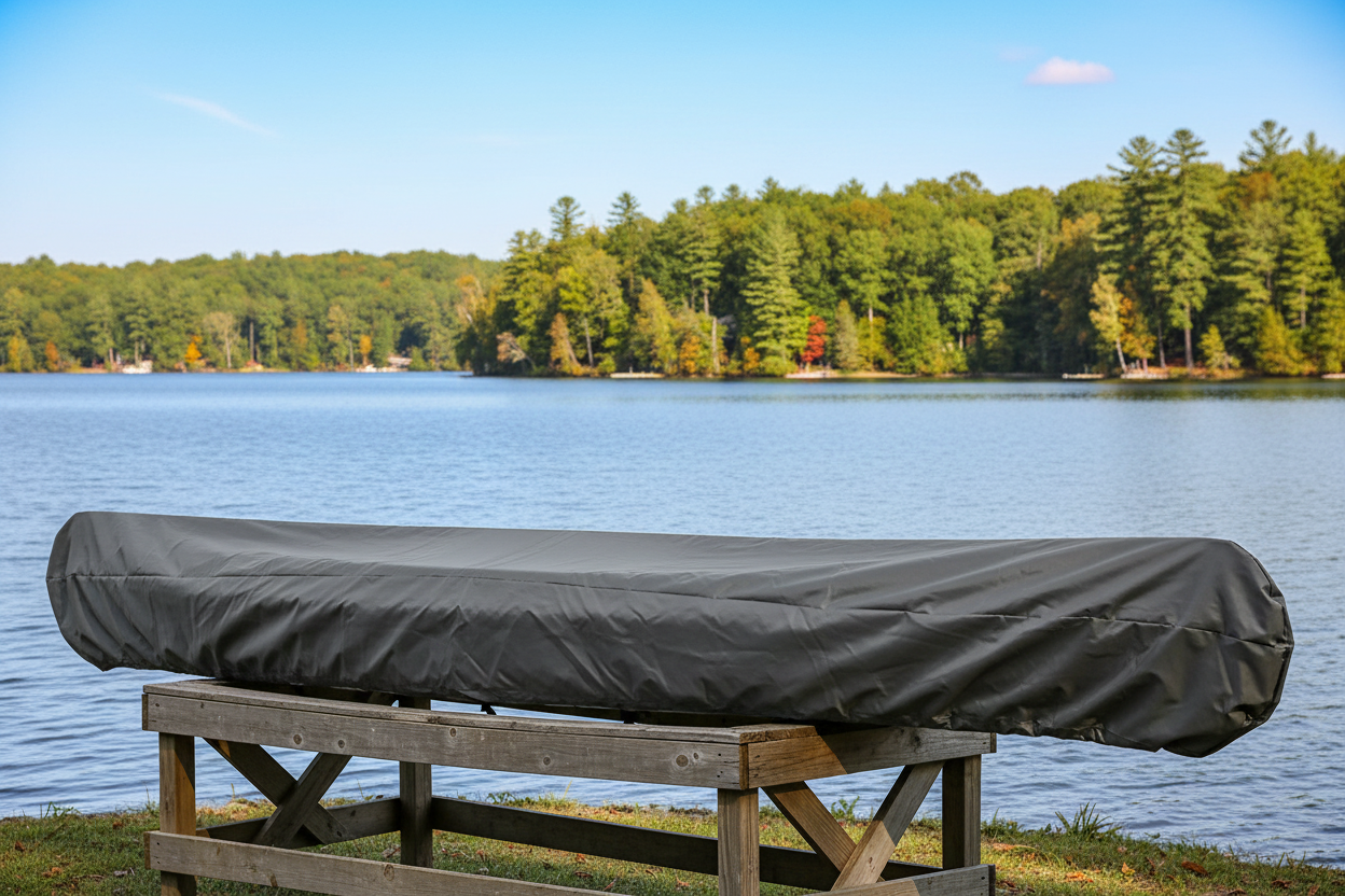 A dark gray boat cover resting on a wooden dock in front of a calm lake, with a forested shoreline and blue sky in the background.