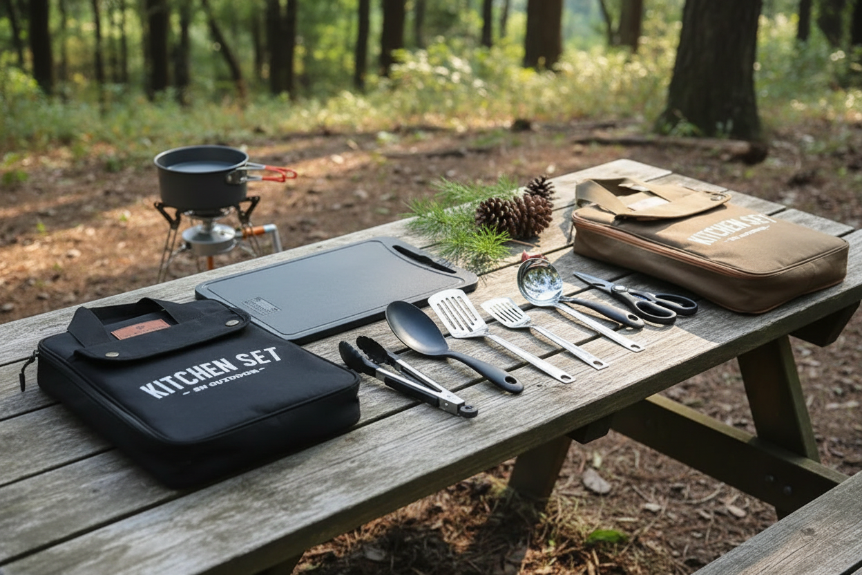 A camping kitchen set arranged on a wooden picnic table in a forest setting. The set includes a black zippered case labeled 'KITCHEN SET', a black cutting board, stainless steel utensils, a brown pouch, and a small portable stove with a pot in the background.