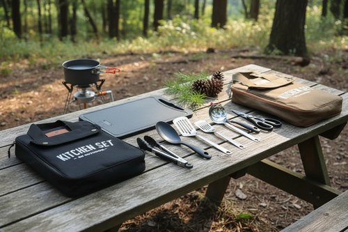 A camping kitchen set arranged on a wooden picnic table in a forest setting. The set includes a black zippered case labeled 'KITCHEN SET', a black cutting board, stainless steel utensils, a brown pouch, and a small portable stove with a pot in the background.