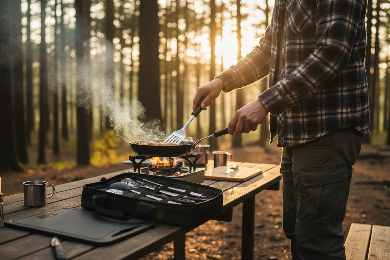 A person cooking in a frying pan over a small camp stove at a wooden picnic table in a forest, with an open black utensil case on the table in front.