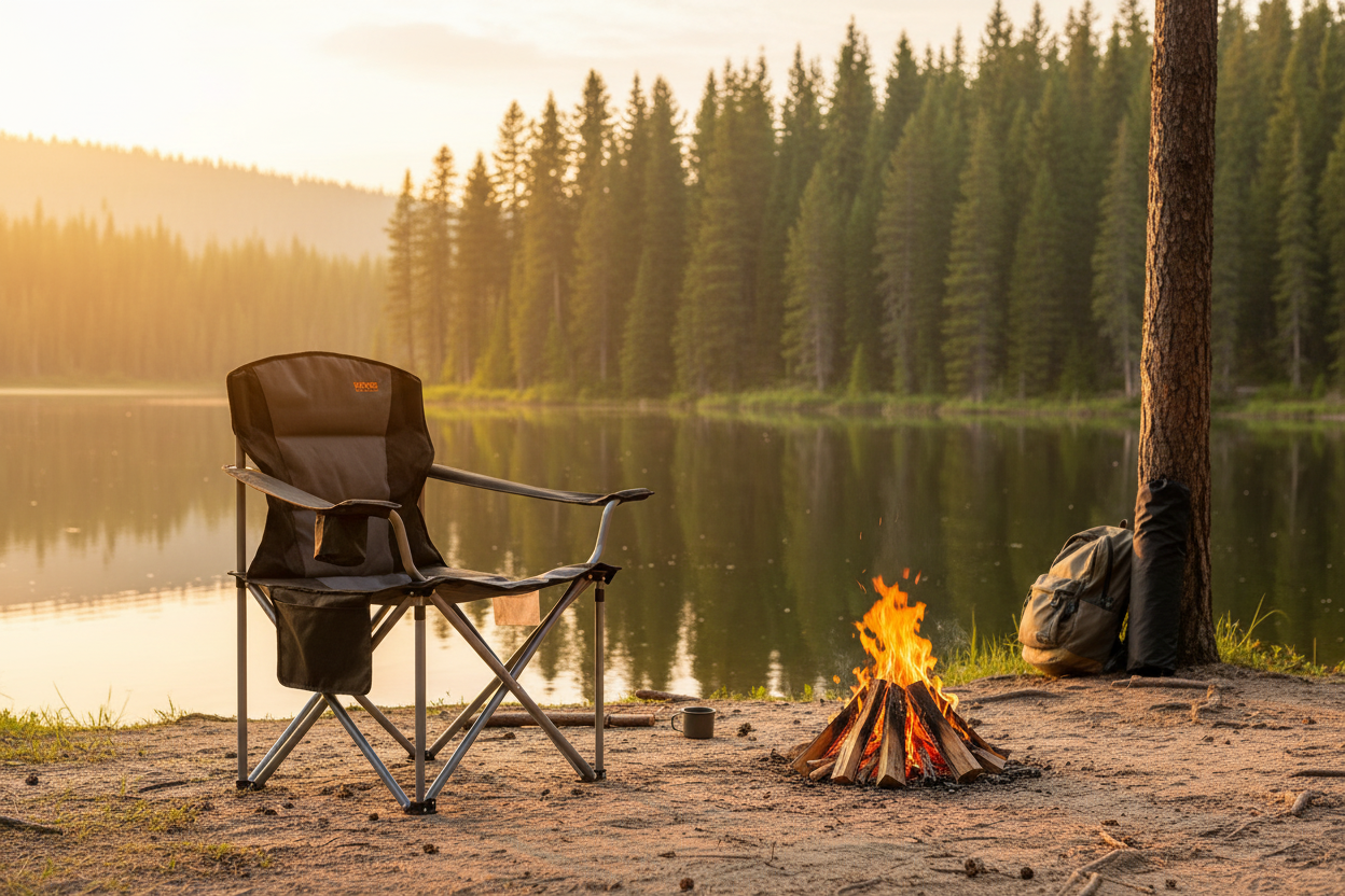 A dark gray and black folding camp chair sits beside a small campfire on a sandy lakeshore, with a forest and calm lake in the background at sunset.
