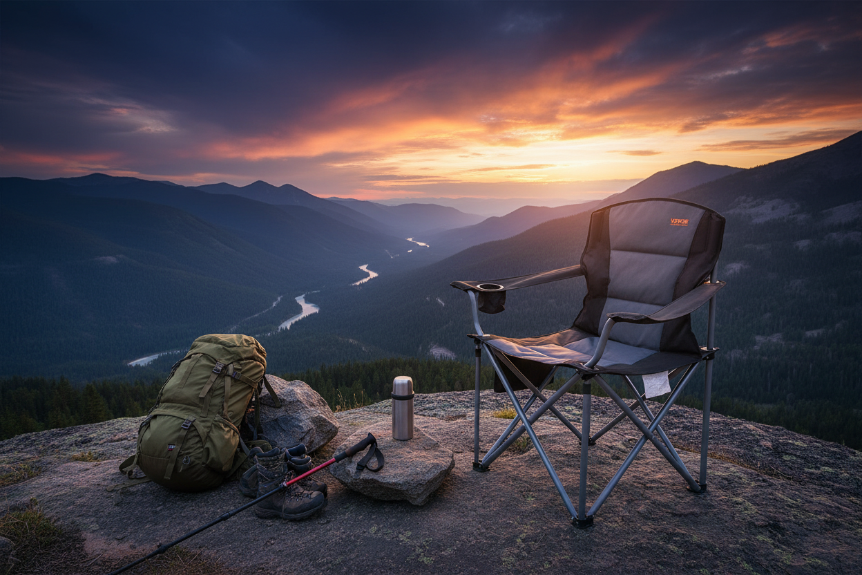 A camping chair with a side cup holder sits on a rocky mountain peak at sunset, alongside a green hiking backpack, trekking poles, and a thermos, with a scenic mountain valley and river in the background.