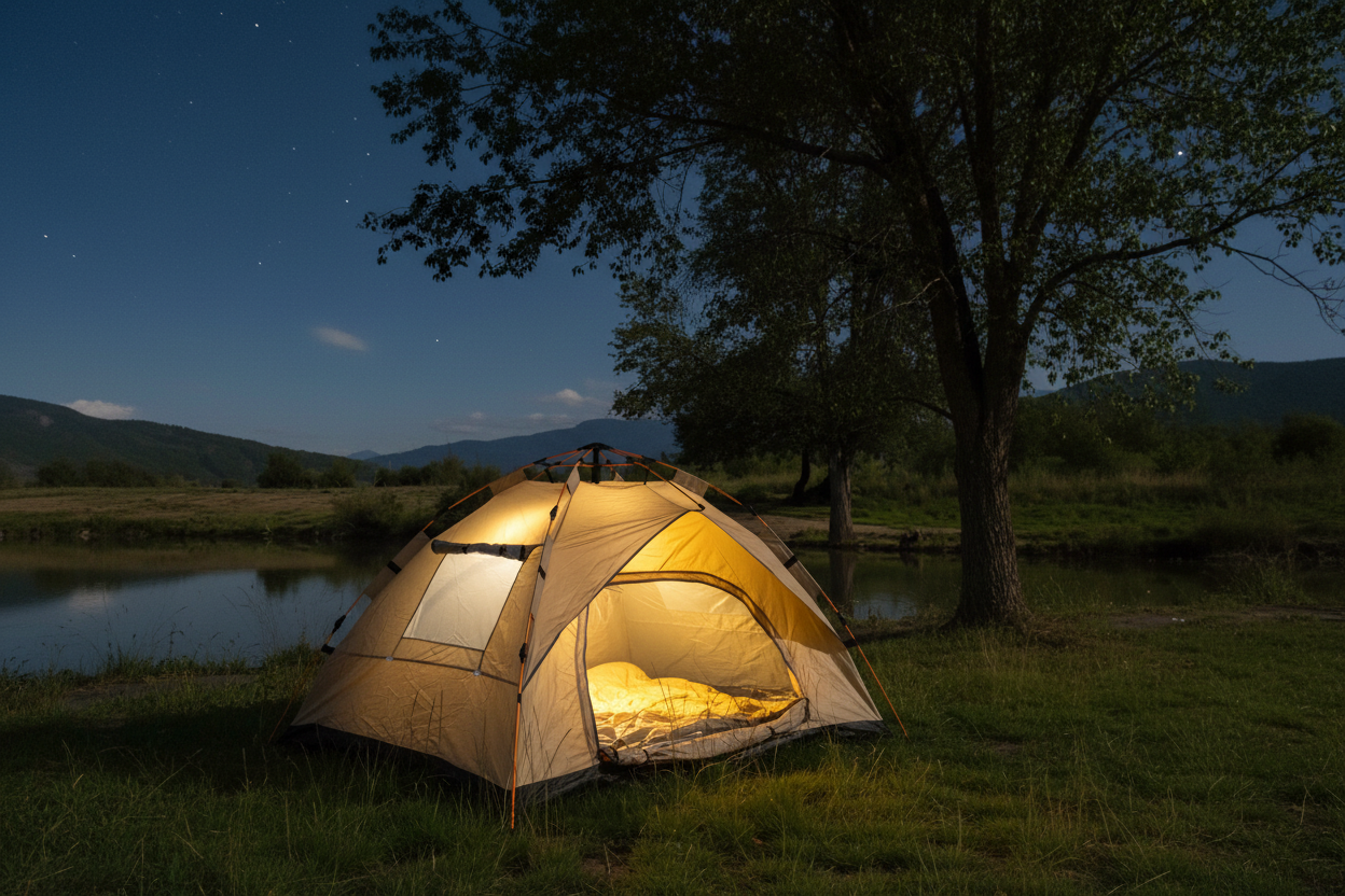 A dome camping tent with warm yellow interior lighting pitched on grass beside a lake at night, with a large tree and distant mountains in the background.