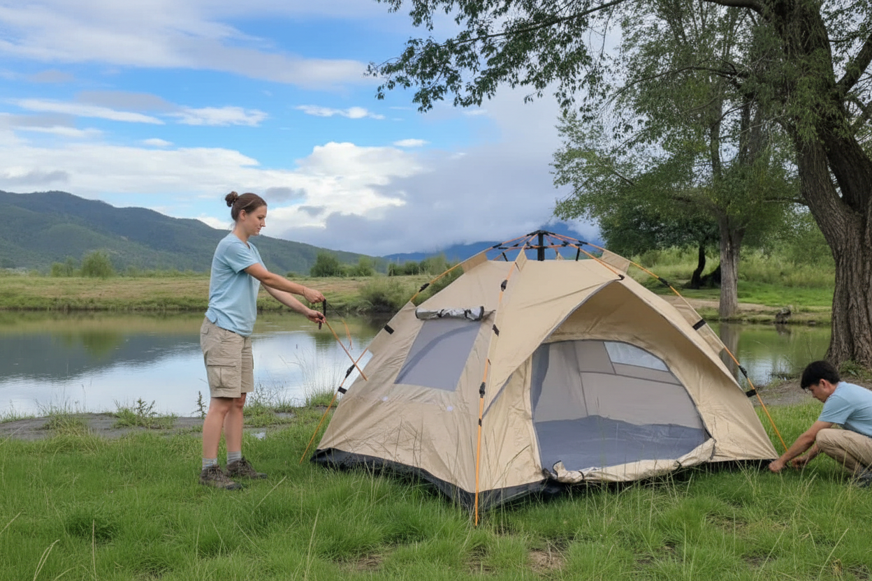 A beige camping tent is set up on grass beside a river, with two people assembling or securing it outdoors under a blue sky with clouds and mountains in the background.