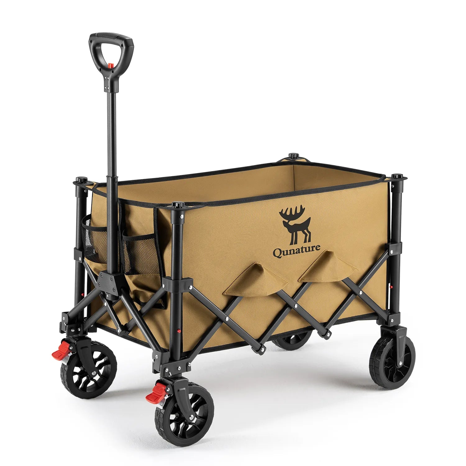 Beige folding wagon with black frame and wheels on a white background, featuring the Qunature brand logo.