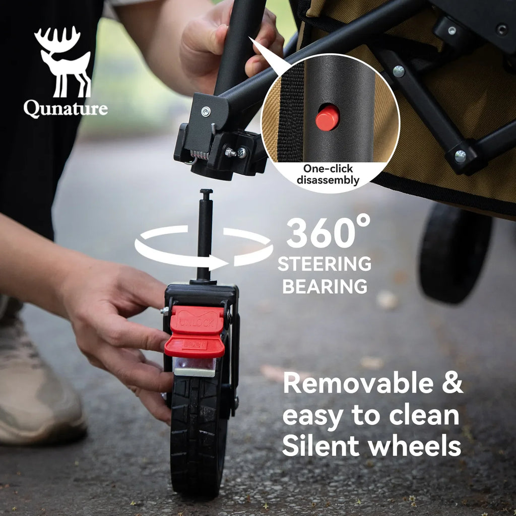 Stroller wheel assembly with Qunature branding, highlighting features like 360-degree steering and removable design.