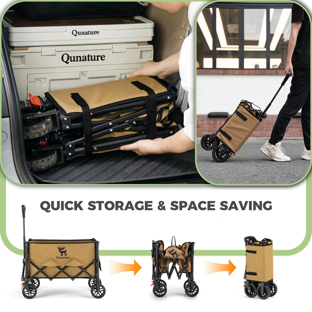 Collapsible cart being used in a car trunk and on wheels, with 'Qunature' branding.