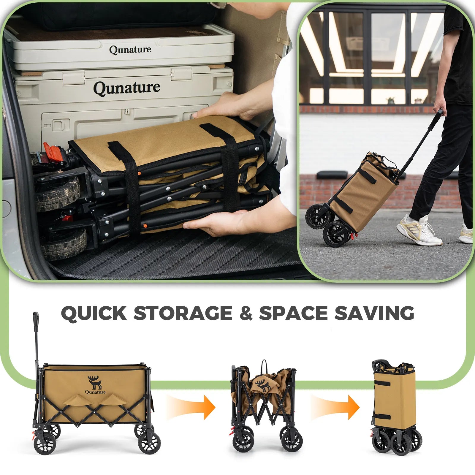 Collapsible cart being used in a car trunk and on wheels, with 'Qunature' branding.