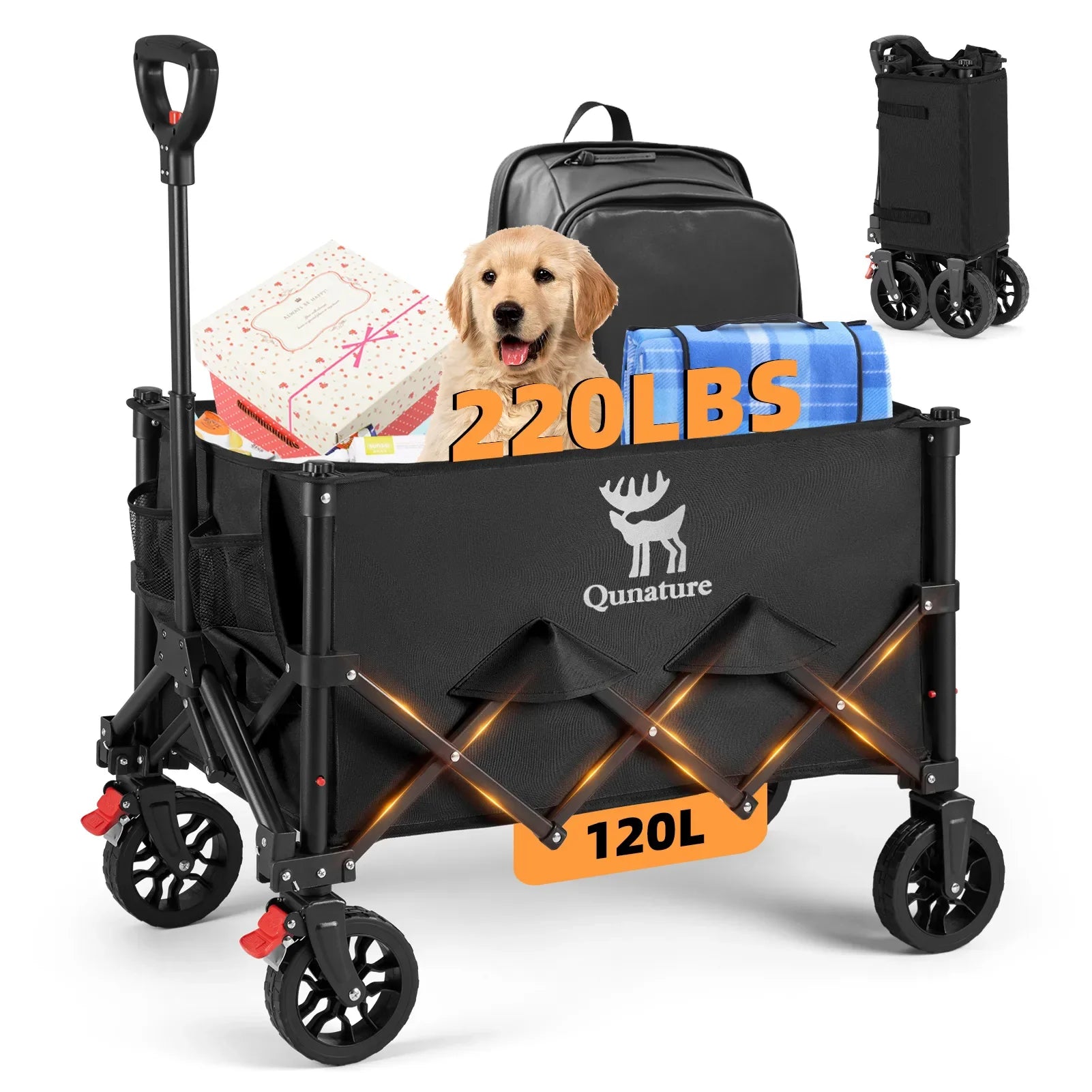 Black folding wagon with a dog, luggage, and items on a white background