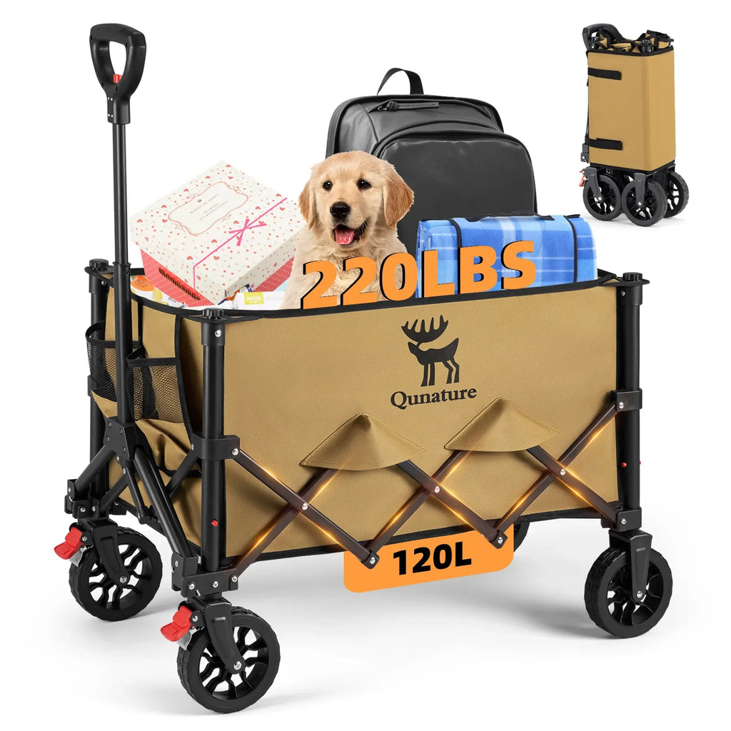 Beige Qunature folding wagon with a dog, luggage, and items on a white background