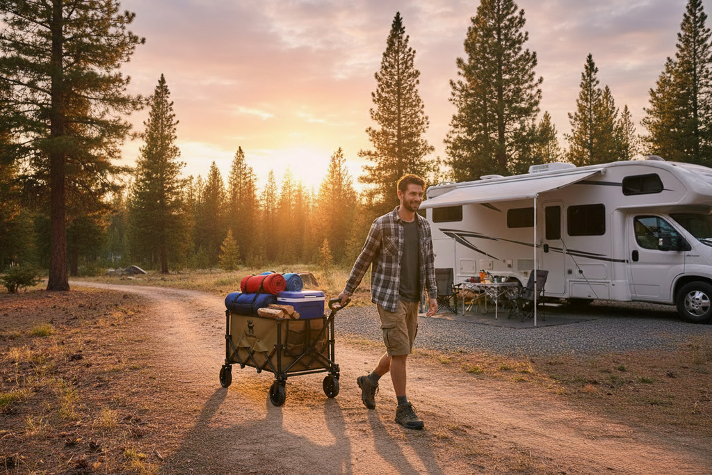 A man walks along a dirt road at sunset, pushing a camping wagon loaded with folded blankets and gear, with a white RV parked nearby in a pine forest.