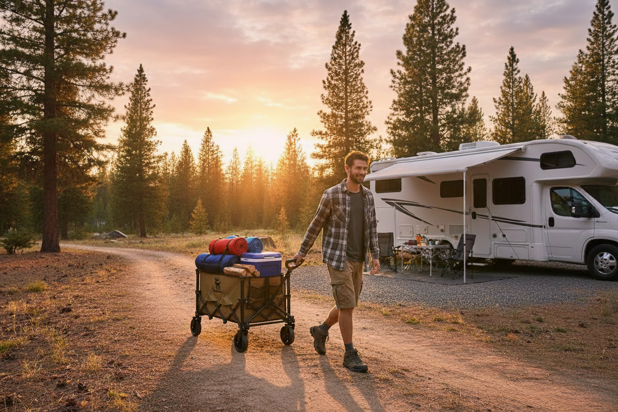 A man walks along a dirt road at sunset, pushing a camping wagon loaded with folded blankets and gear, with a white RV parked nearby in a pine forest.