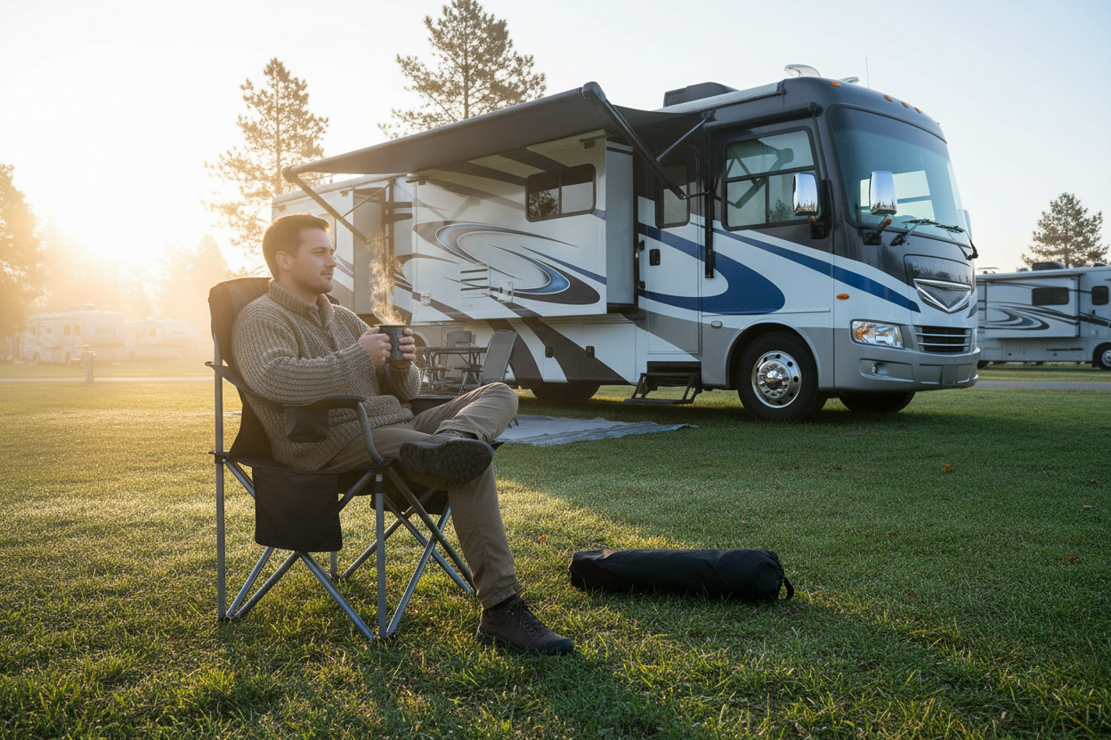 A man sits in a folding camp chair on a grassy RV campsite at sunset, holding a mug. A large white and blue motorhome is parked behind him, with trees and other RVs visible in the background.