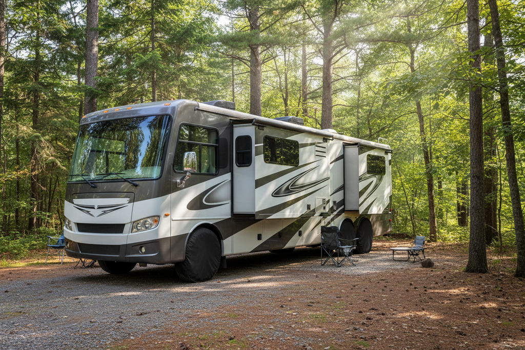 A large motorhome RV parked on a gravel campsite in a wooded forest clearing, with trees, dappled sunlight, and small camping chairs visible around it with tire covers.
