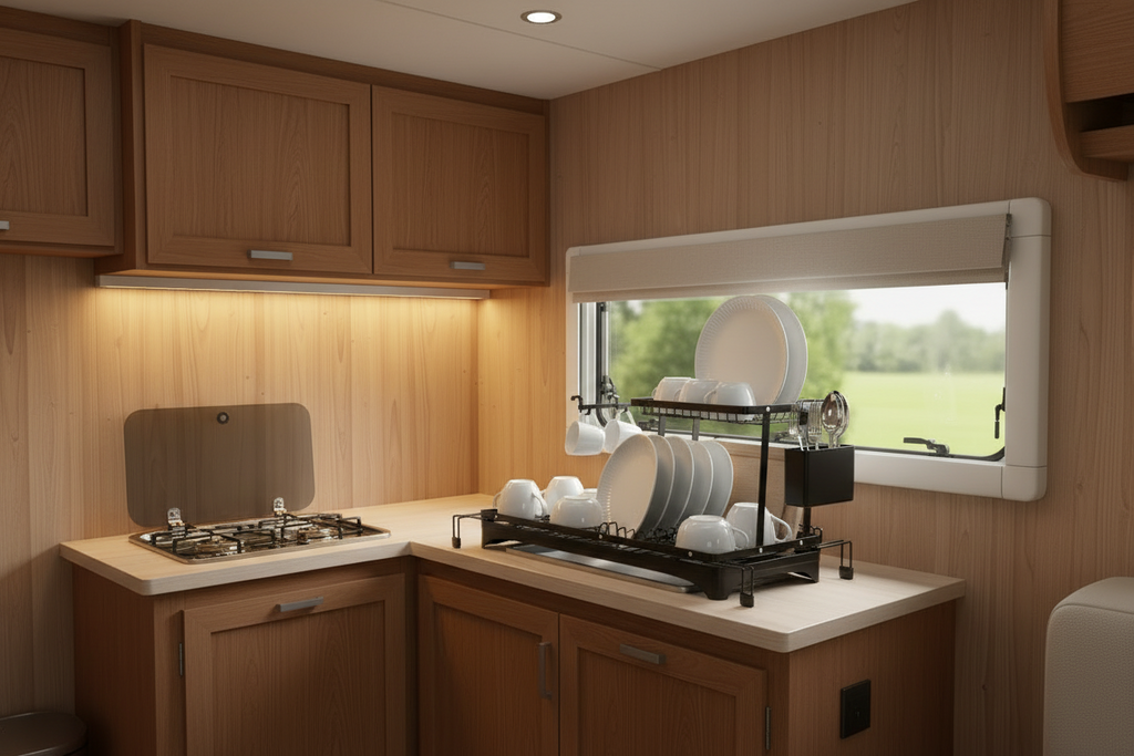 A compact kitchenette inside a camper or RV with light wood cabinets, cream countertops, a built-in gas stove, and a window-mounted dish rack holding white plates and cups.
