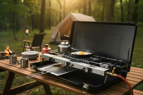 A portable black and silver camping stove set up on a wooden picnic table in a forest campsite, with a frying pan cooking eggs, a kettle, plates, and a tent blurred in the background.