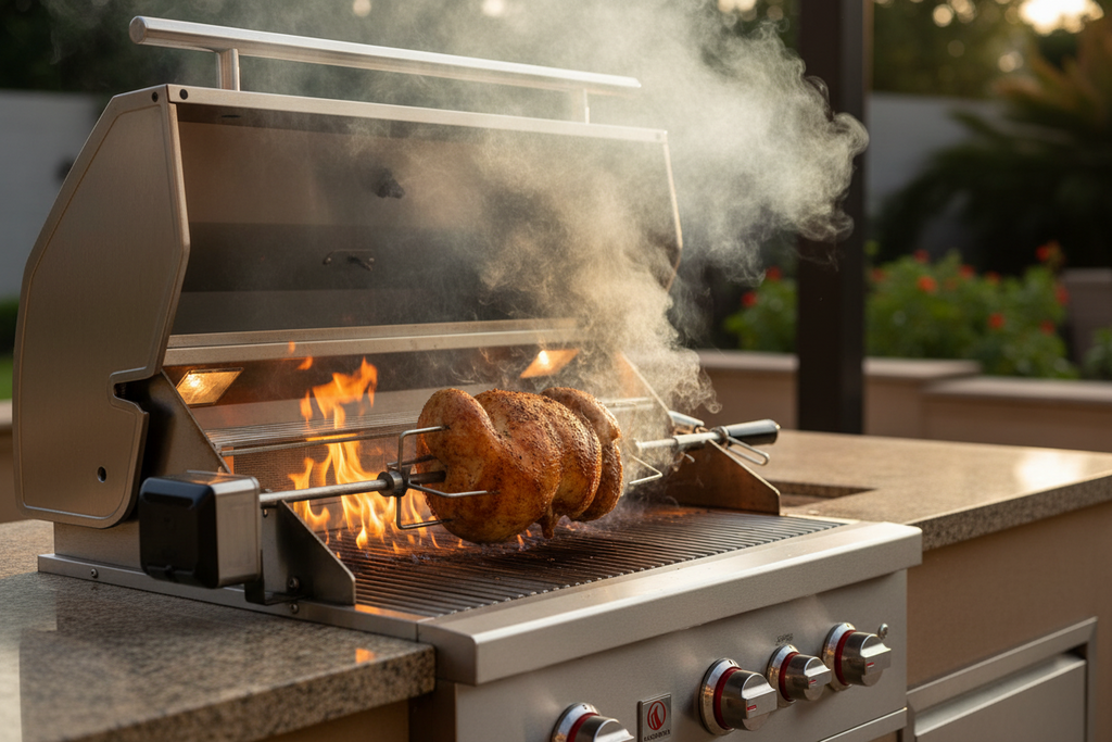 A stainless steel outdoor gas grill with a rotisserie setup, cooking a large roasted meat cut on a spit over visible flames. Smoke rises from the grill, set on a stone countertop with a blurred patio background.